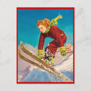 Cartão Postal Esportes de inverno Vintage, descida de Esqui