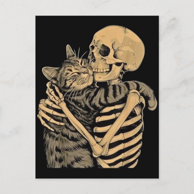 Cartão Postal Esqueleto Abraçando Gato – Presente Fofo para Aman (Frente)