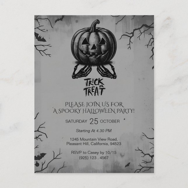 Cartão Postal Esqueleto Assustador Pumpkin Trick ou Treat SpookP (Frente)