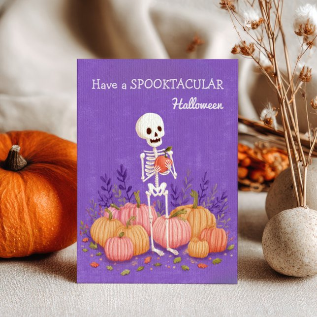 Cartão Postal Esqueleto com Pumpkins Spooktacular Halloween (Criador carregado)