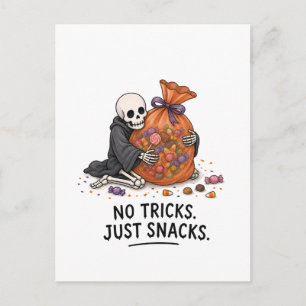 Cartão Postal Esqueleto com Saco de Doces Ilustração Divertida d