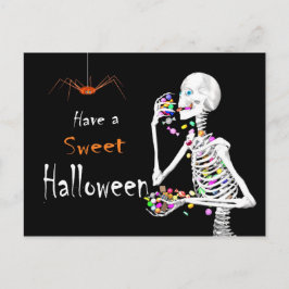 Cartão Postal Esqueleto Comendo Doces de Halloween (com Aranha)