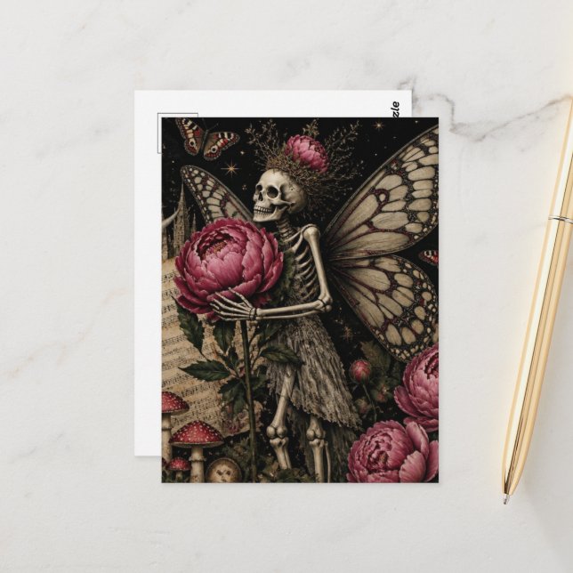 Cartão Postal Esqueleto de Fada e Flores de Peônia (Frente/Verso In Situ)
