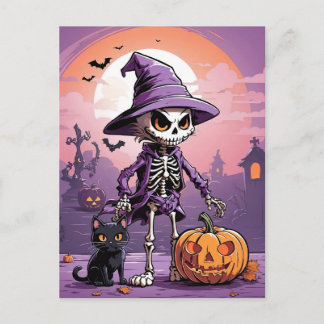 Cartão Postal esqueleto de Halloween com gato preto e abóbora