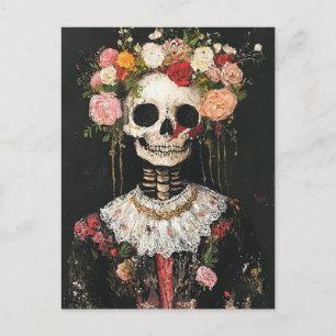 Cartão Postal Esqueleto Humano na Coroa Floral Boho