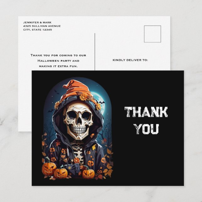 Cartão Postal Esqueleto Sinistro e Abóboras Halloween Obrigado (Frente/Verso)