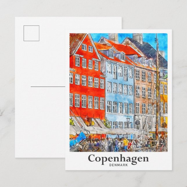 Cartão Postal Esquema de Viagem de Aquarela de Copenhagen na Din (Frente/Verso)