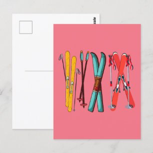 Cartão Postal Esqui Colorido Divertido Esquiador 