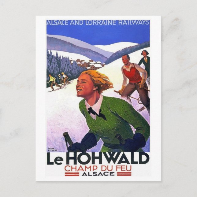 Cartão Postal Esqui em Le Hohwald, Alsace, França, colheita (Frente)