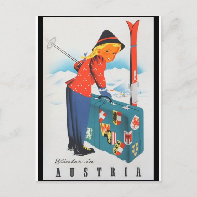 Cartão Postal esqui na áustria viagens vintage (Frente)