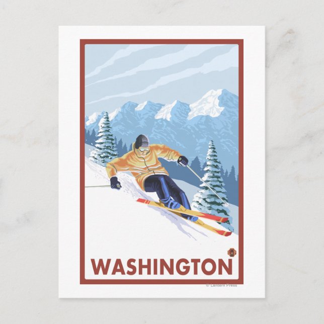 Cartão Postal Esquiador de Neve em Declive - Washington (Frente)