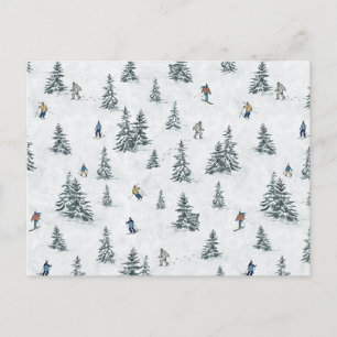 Cartão Postal Esquiadores alpinos e Yetis oculto - Esqui Descida