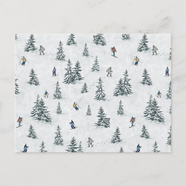 Cartão Postal Esquiadores alpinos e Yetis oculto - Esqui Descida (Frente)