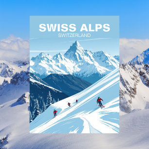 Cartão Postal Esquiando nos Alpes Suíços, Suíça Viagem Vintage