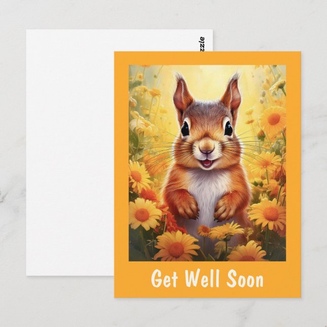 Cartão Postal Esquilo em Flores Amarelas Fofo Recupere-se Logo   (Frente/Verso)