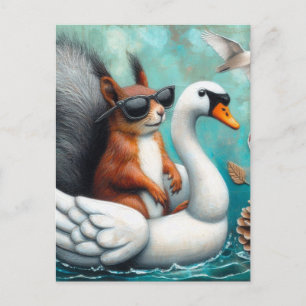 Cartão Postal Esquilo Engraçado em um Cisne Inflável