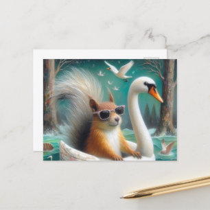 Cartão Postal Esquilo giro em um Swan Floatie com Cisnes Voando