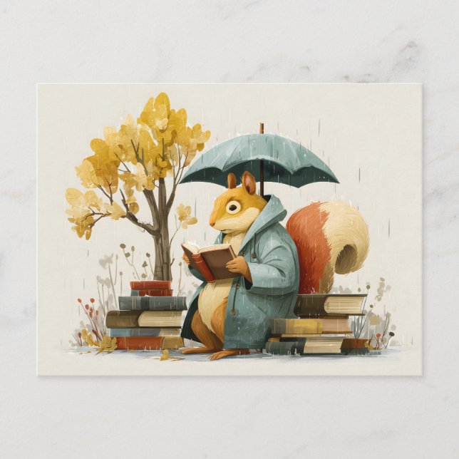 Cartão Postal  Esquilo Lendo Livros Sob um Guarda-Chuva  (Frente)