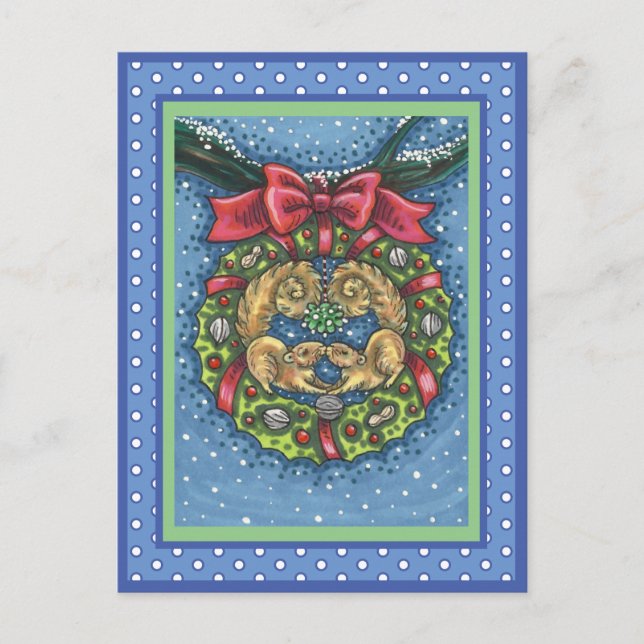 CARTÃO POSTAL ESQUILOS DE BEIJOS CUTÂNEOS SOB MISTLETOE, CORREÇÃ (Frente)