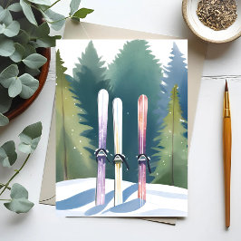 Cartão Postal Esquis na Neve | Aquarela de Esquiador na Floresta