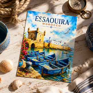 Cartão Postal Essaouira Marrocos Aquarela Azul Barcos Viagem