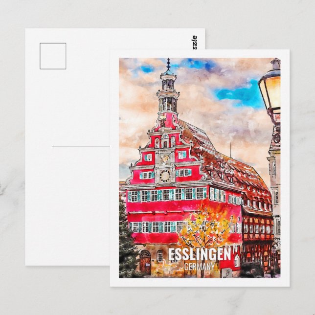 Cartão Postal Esslingen Germany Viagem Place Watercolor (Frente/Verso)