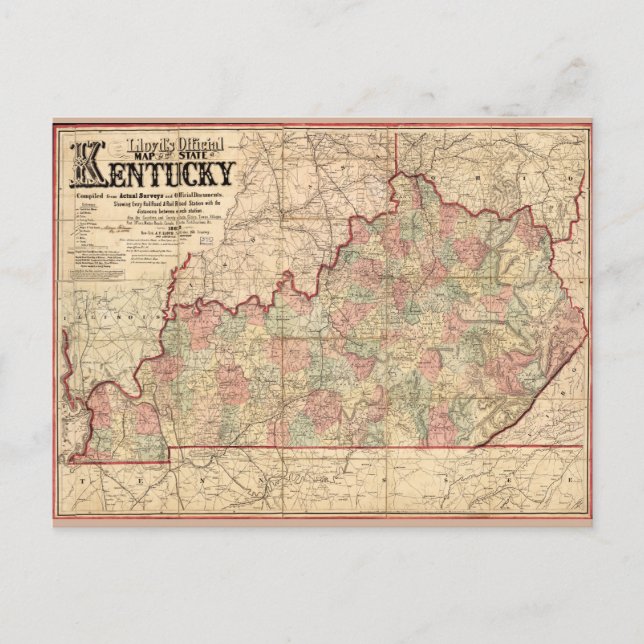 Cartão Postal Estado de mapa de Kentucky por James Lloyd (1862) (Frente)