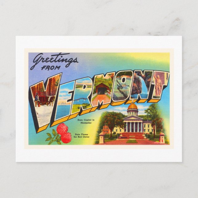 Cartão Postal Estado de Vermont VT Símbolo de Viagem Antigo Vint (Frente)