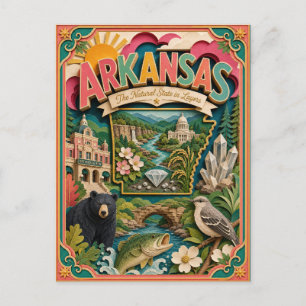 Cartão Postal Estados PopCut Arkansas Arte Colorido em Papel 3D
