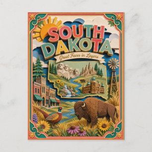 Cartão Postal Estados PopCut Dakota do Sul Colorida Arte em Pape