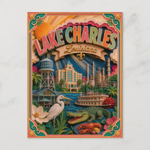 Cartão Postal Estados PopCut Lago Charles Louisiana Arte em Pape