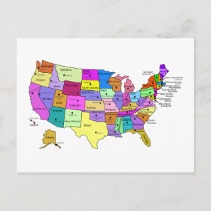 Cartão Postal Estados Unidos Mapeie nomes de estados e capitais