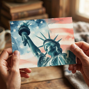 Cartão Postal Estátua da Liberdade com bandeira americana