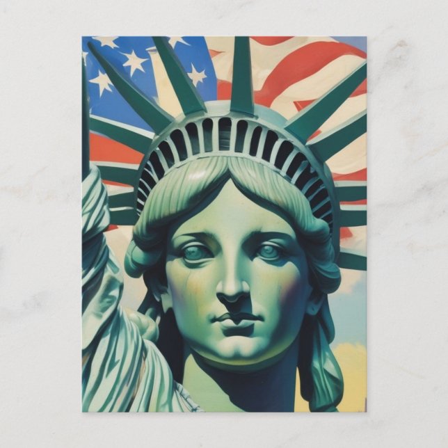 Cartão Postal Estátua da Liberdade e Bandeira Americana Art Nova (Frente)