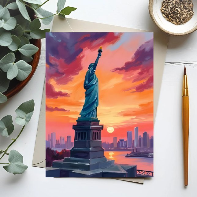 Cartão Postal Estátua da Liberdade NYC Skyline Sunset Watercolor (Criador carregado)