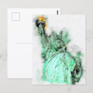 Cartão Postal Estátua da Liberty Watercolor Retrato de Fechament