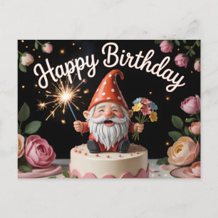 Cartão Postal Estátua de Gnome de Aniversário em um Bolo