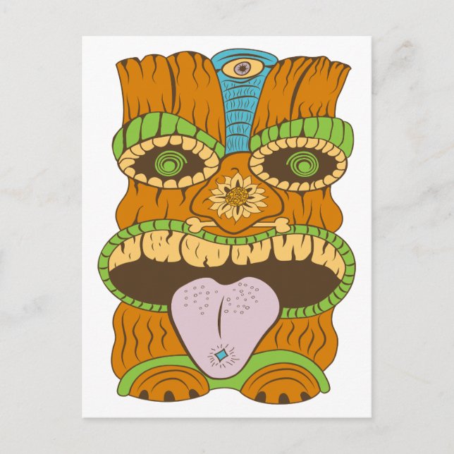 Cartão Postal Estátua de língua púrpura de Tiki em humor psicodé (Frente)