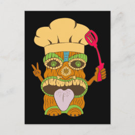 Cartão Postal Estatua do Chef Tiki com Espátula, Preto Engraçado