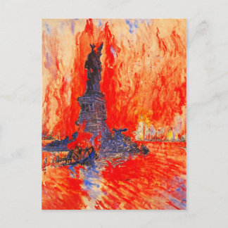 Cartão Postal Estátua Sem Cabeça da Liberdade com NYC em chamas