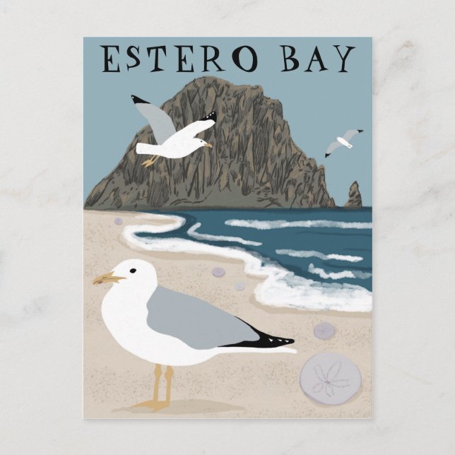 Cartão Postal Estero Bay Morro Rock California Seagulls (Frente)