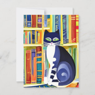 Cartão Postal Estética de Gato Literato - Gato Em Uma Prateleira