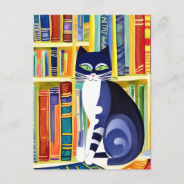 Cartão Postal Estética de Gato Literato - Gato Em Uma Prateleira