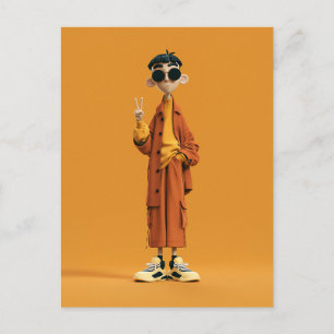 Cartão Postal Estética Laranja Minimalista – Personagem 3D Elega
