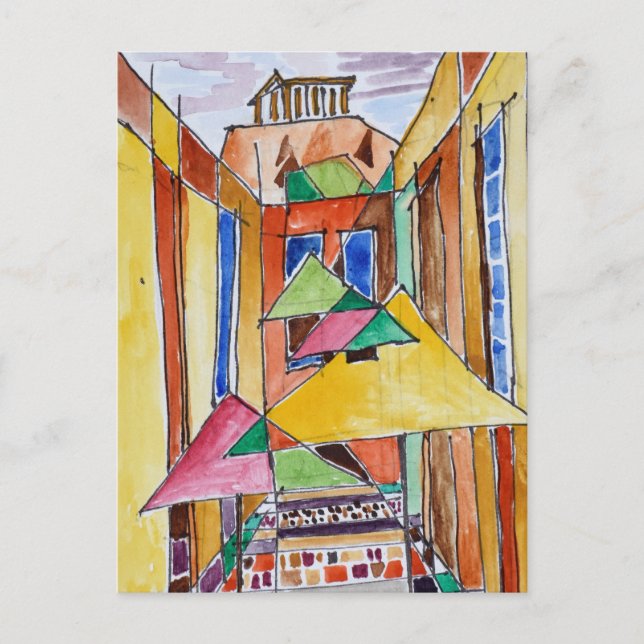 Cartão Postal Estilo Cubist Watercolor Plaka | Atenas, Grécia (Frente)
