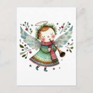 Cartão Postal Estilo de Arte Folclórica de Anjo Bonito Feliz Nat