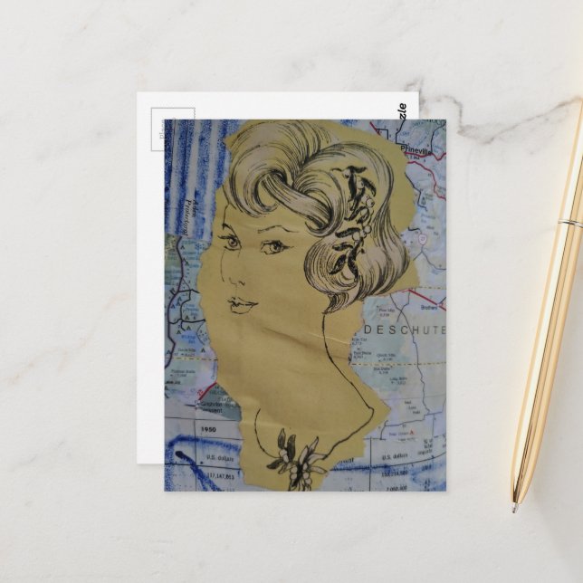 Cartão Postal Estilo de Cabelo Retrô Mulher e Colagem de Mapa (Frente/Verso In Situ)