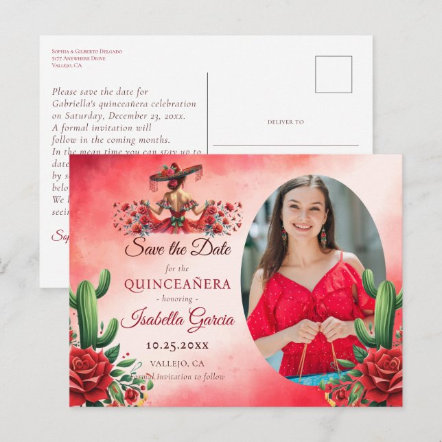 Cartão Postal Estilo mexicano Quinceañera Salve a Data (Frente/Verso)