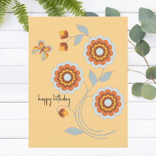 Cartão Postal Estilo Retro Floral Borboleta Feliz Aniversário