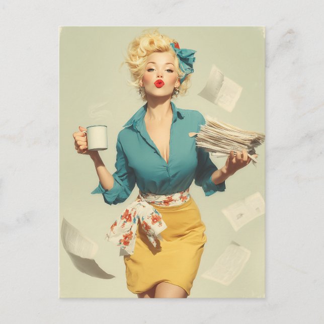Cartão Postal Estilo Retro Pin-Up de Escritório (Frente)